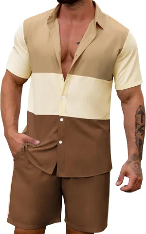 LecGee Mens Short Set 2 Piece Outfits Button Down Color Block Shirts And Shorts Set Summer Tracksuits
