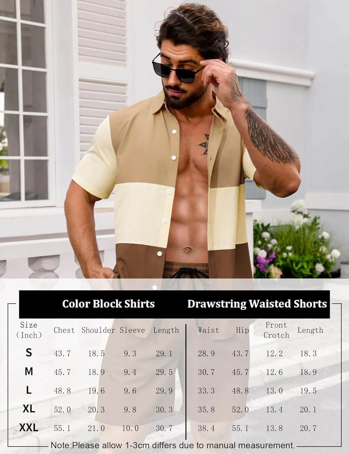 LecGee Mens Short Set 2 Piece Outfits Button Down Color Block Shirts And Shorts Set Summer Tracksuits