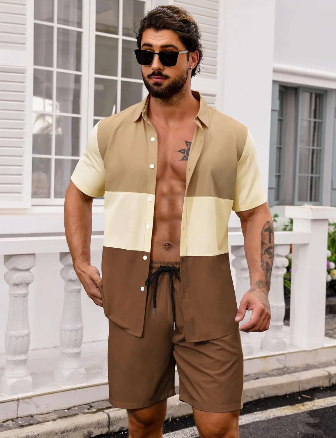 LecGee Mens Short Set 2 Piece Outfits Button Down Color Block Shirts And Shorts Set Summer Tracksuits