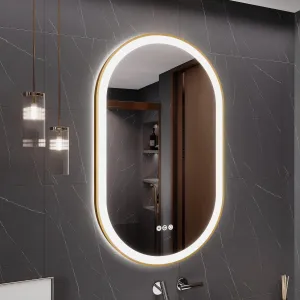 LED Mirror for Bathroom, 24x40 Inch Vanity Mirror with Lights, Anti-Fog Oval Bathroom Mirror, 3 Colors and Stepless Dimmable Wall Mounted Makeup Mirror with Metal Frame (Gold)