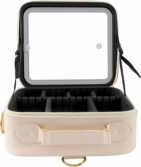LED Makeup Bag with Removable Mirror – Travel Cosmetic Organizer, Adjustable 3-Light Modes, USB Rechargeable, Waterproof Case with Customizable Dividers for Brushes & Skincare, Cream White