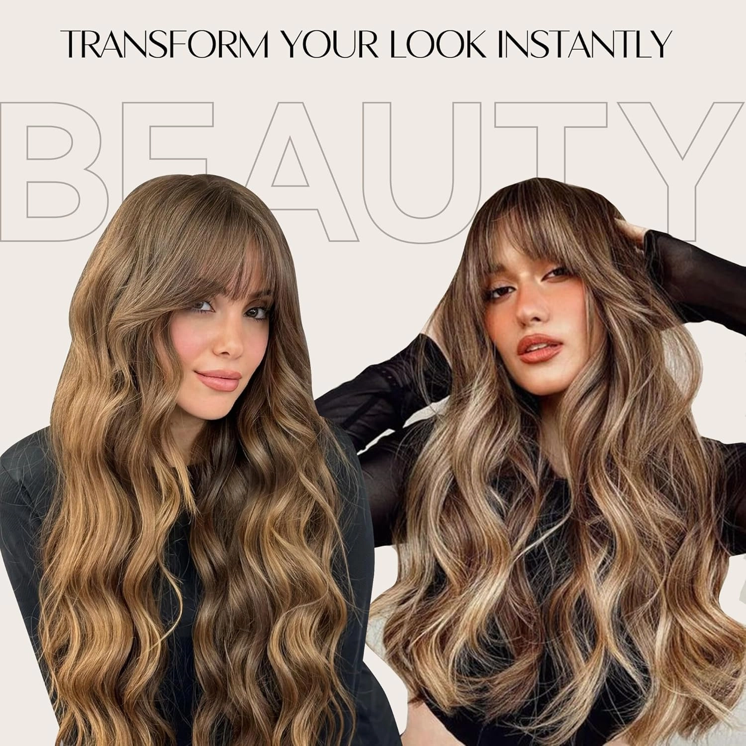 LEEONS Hair Toppers for Women 20-Inch Long Wavy Synthetic Wiglets With Bangs - Clip-in Hair Pieces for Thinning Hair, Balayage Chocolate Brown to Honey Blonde