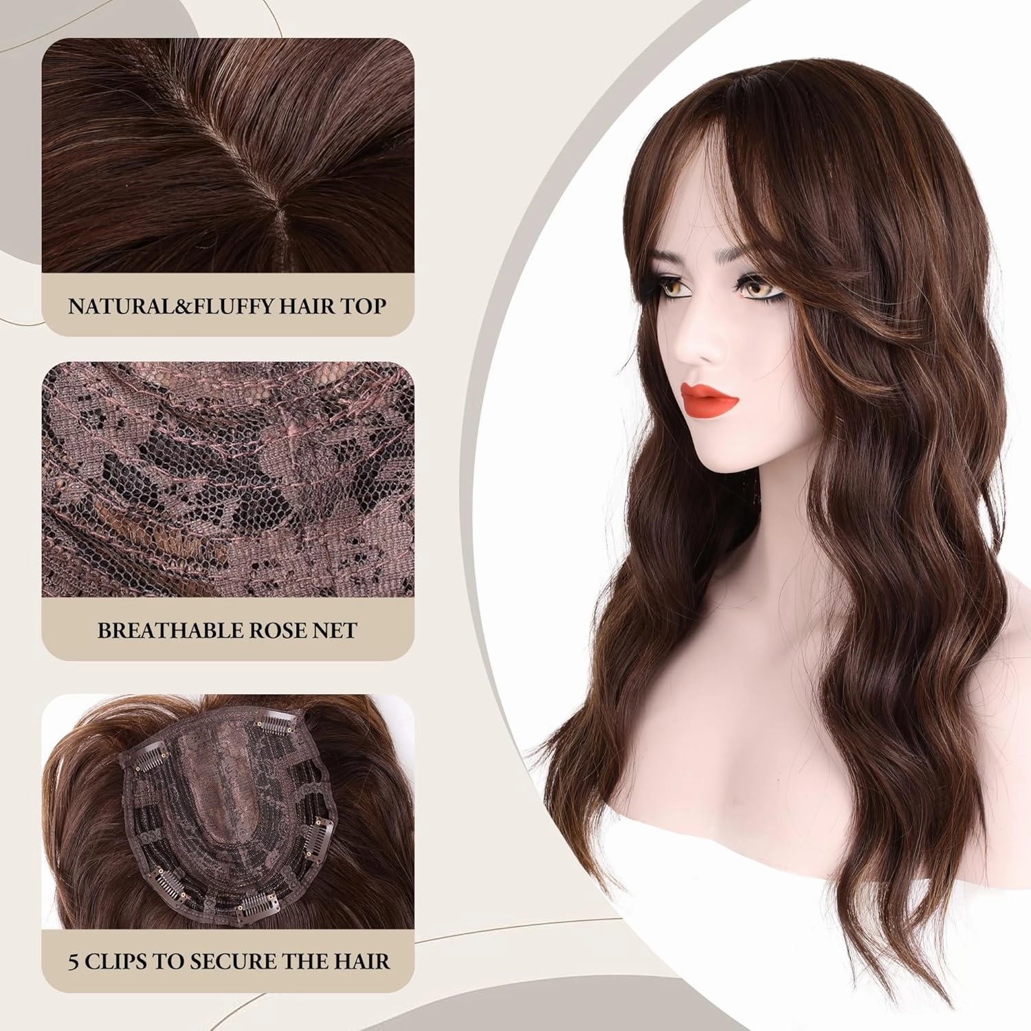 LEEONS Hair Toppers for Women 20-Inch Long Wavy Synthetic Wiglets With Bangs - Clip-in Hair Pieces for Thinning Hair, Balayage Chocolate Brown to Honey Blonde
