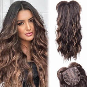 LEEONS Hair Toppers for women for Thinning Hair Synthetic Middle Part Hair Topper Long Wavy Clip in Wiglets with Fringe Bangs Brown Highlighted Caramel Blonde