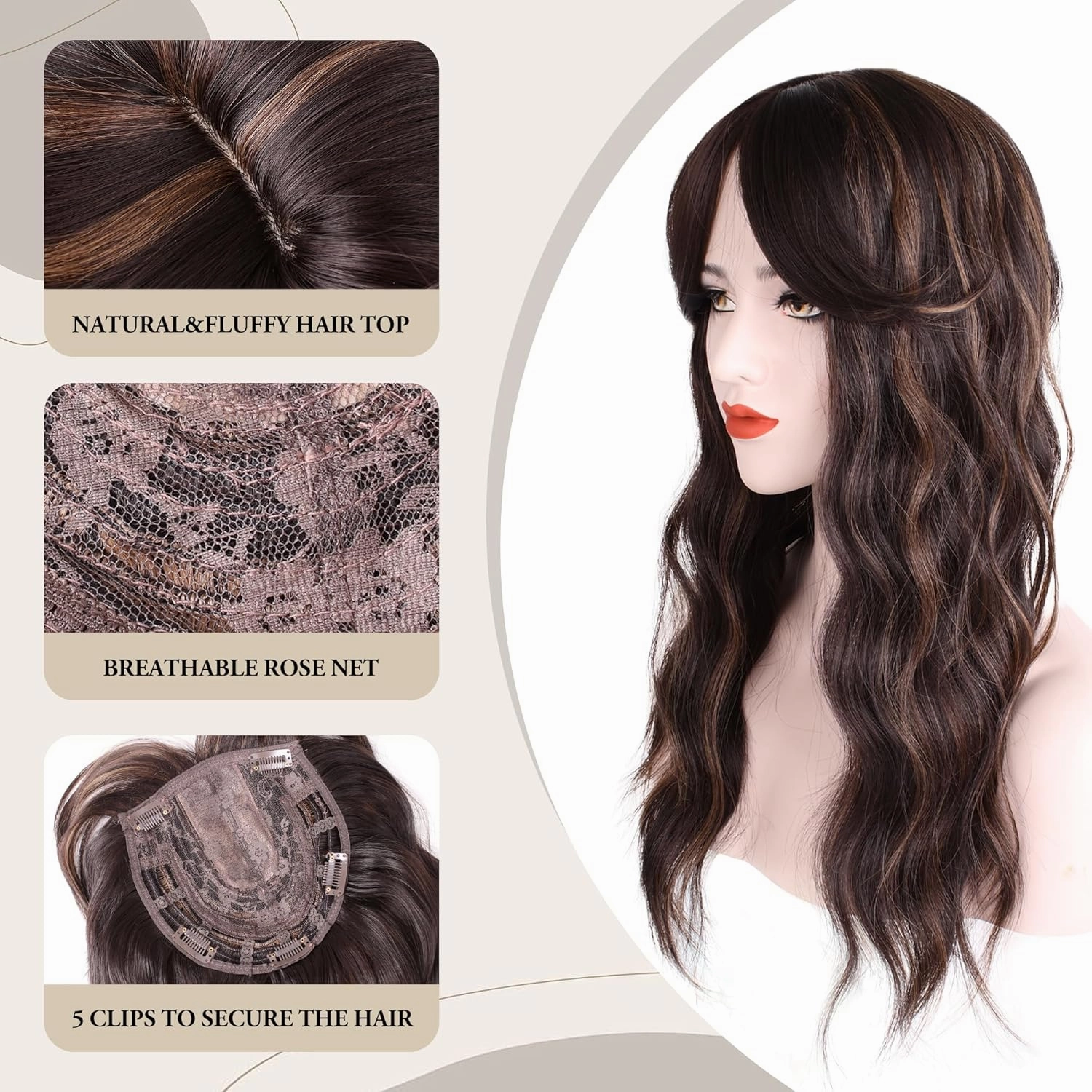 LEEONS Hair Toppers for women for Thinning Hair Synthetic Middle Part Hair Topper Long Wavy Clip in Wiglets with Fringe Bangs Brown Highlighted Caramel Blonde