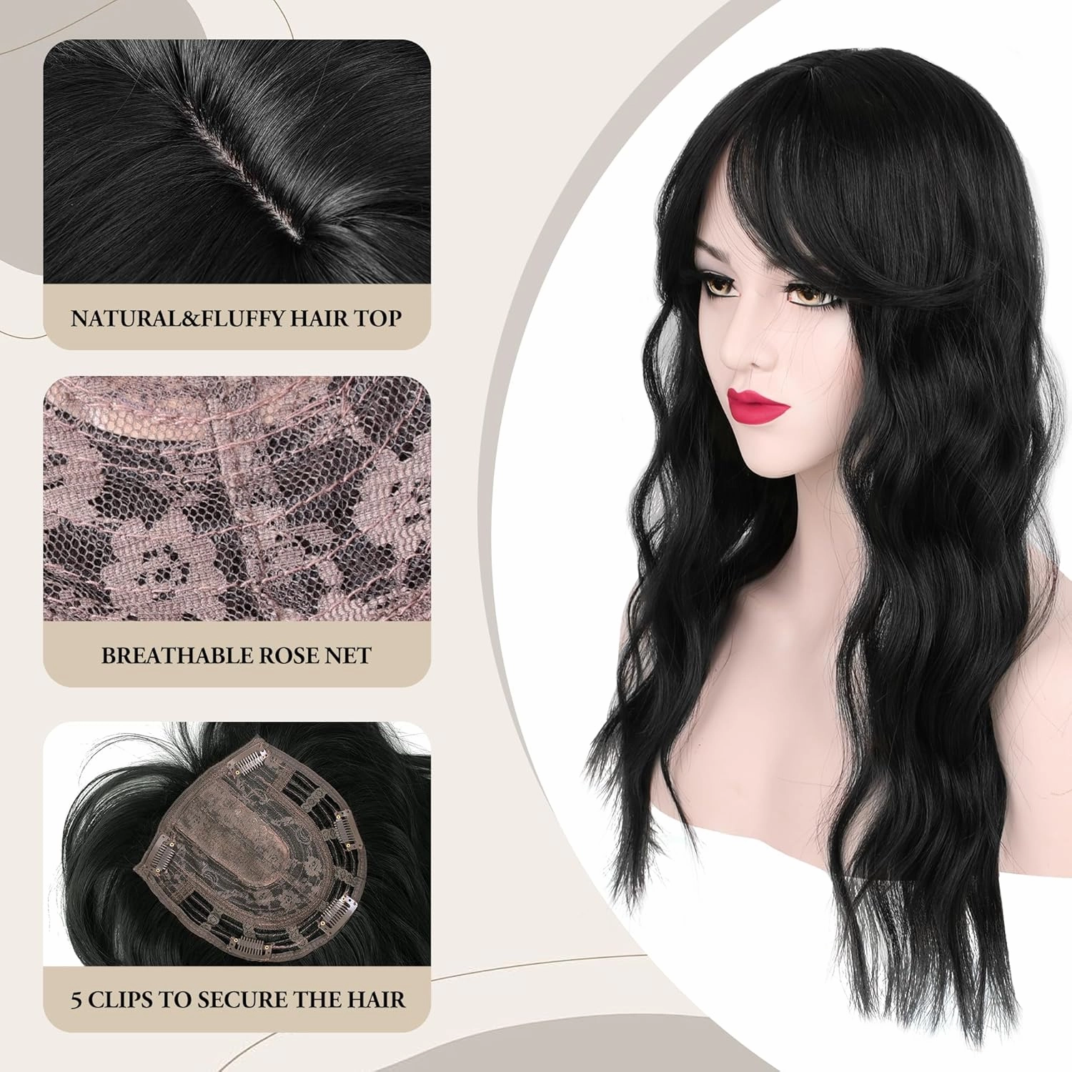 LEEONS Wavy Black Hair Toppers for Women with Thinning Hair, Clip In Wiglets with Fringe Bang, 20IN