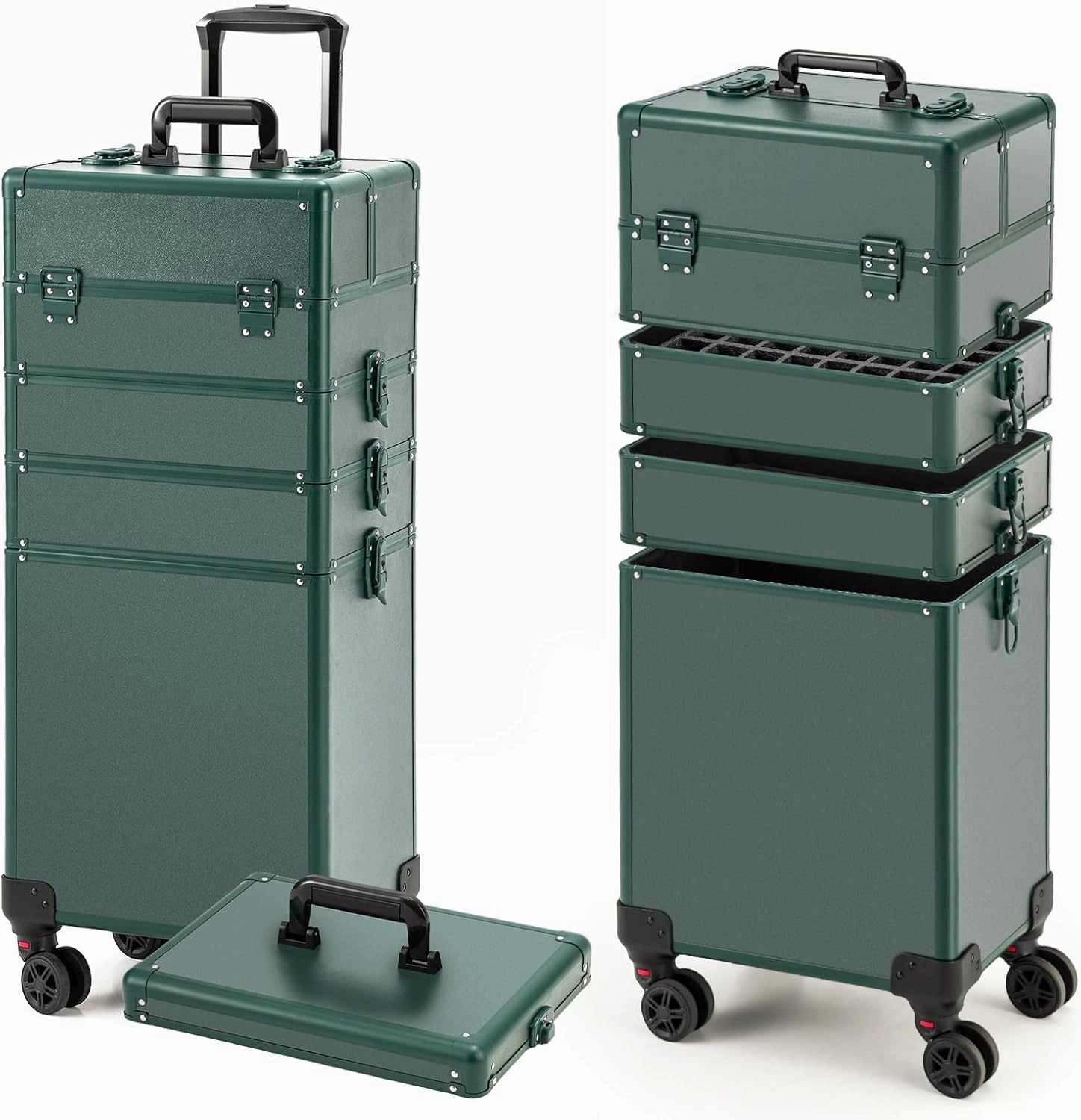 Leeora&Leekoo Portable Multi-Storey Nail Case for Nail Tech Organizer - Wheels Makeup Case Organizer, Cosmetic Case, Makeup Train Case, Make Up Case (Green)