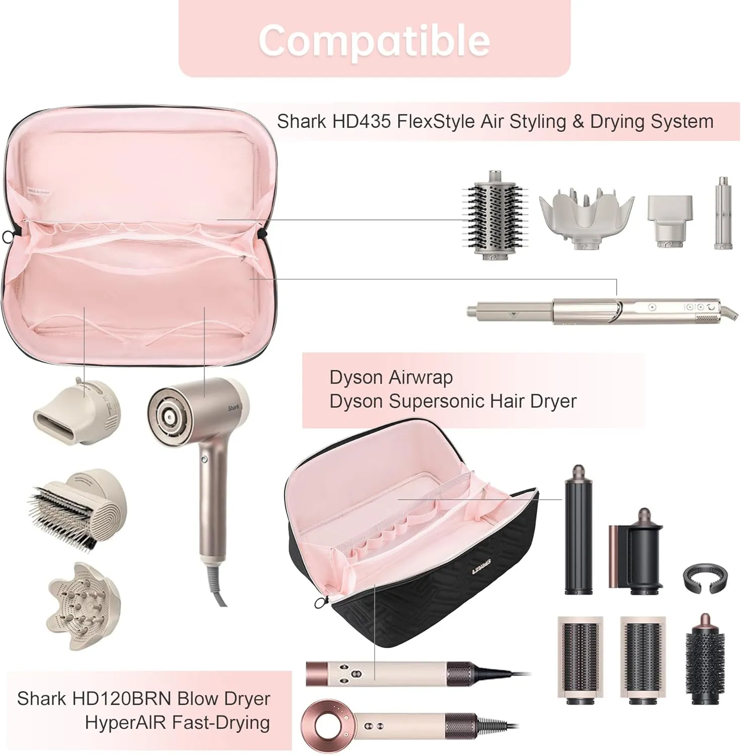 Leudes Hair Tools Travel Bag For Dy son Airwrap Hair Dryer Shark Flex Style Carrying Case Travel Makeup Bag Portable Pouch Open Flat Packing Organizers with Divider and Handle (Black)
