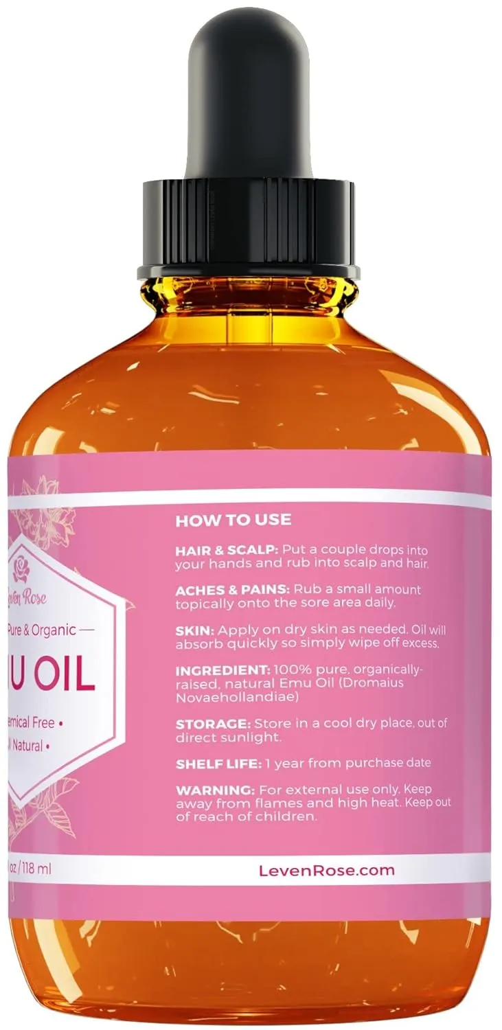 Leven Rose Emu Oil, 100% Pure Natural Hair Strengthener Anti Aging Skin Moisturizer 4 oz
