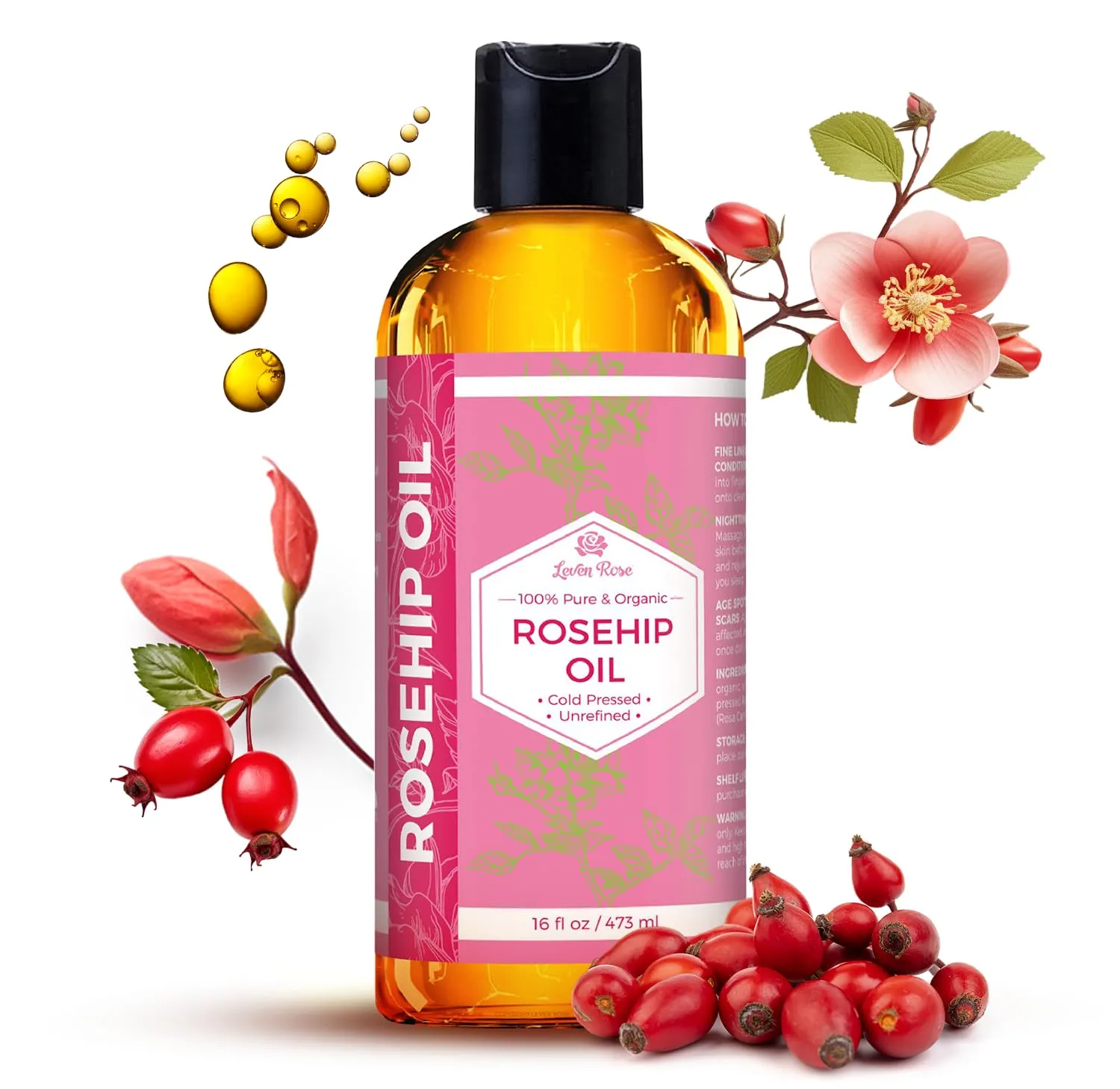 Leven Rose Rosehip Seed Oil for Face 16 oz - Pure Rosehip Oil for Face - Unrefined Cold Pressed Rose hip for Body - Nighttime Face Moisturizer for Hair, Skin & Nails