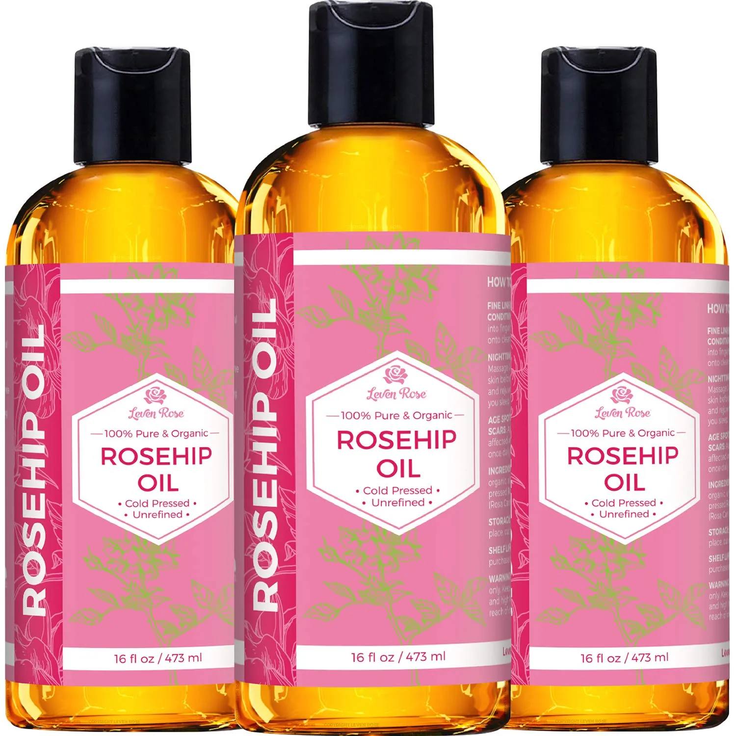 Leven Rose Rosehip Seed Oil for Face 16 oz - Pure Rosehip Oil for Face - Unrefined Cold Pressed Rose hip for Body - Nighttime Face Moisturizer for Hair, Skin & Nails