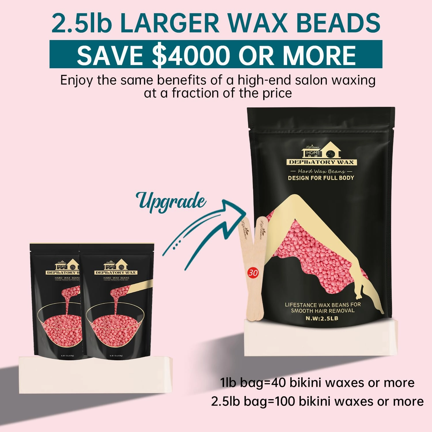 Lifestance Wax Beans Hair Removal Kit, Rose Pink, 2.5lb with 30 Applicators for Eyebrow, Face, Underarm, Bikini Waxing, Women Men Sensitive Skin