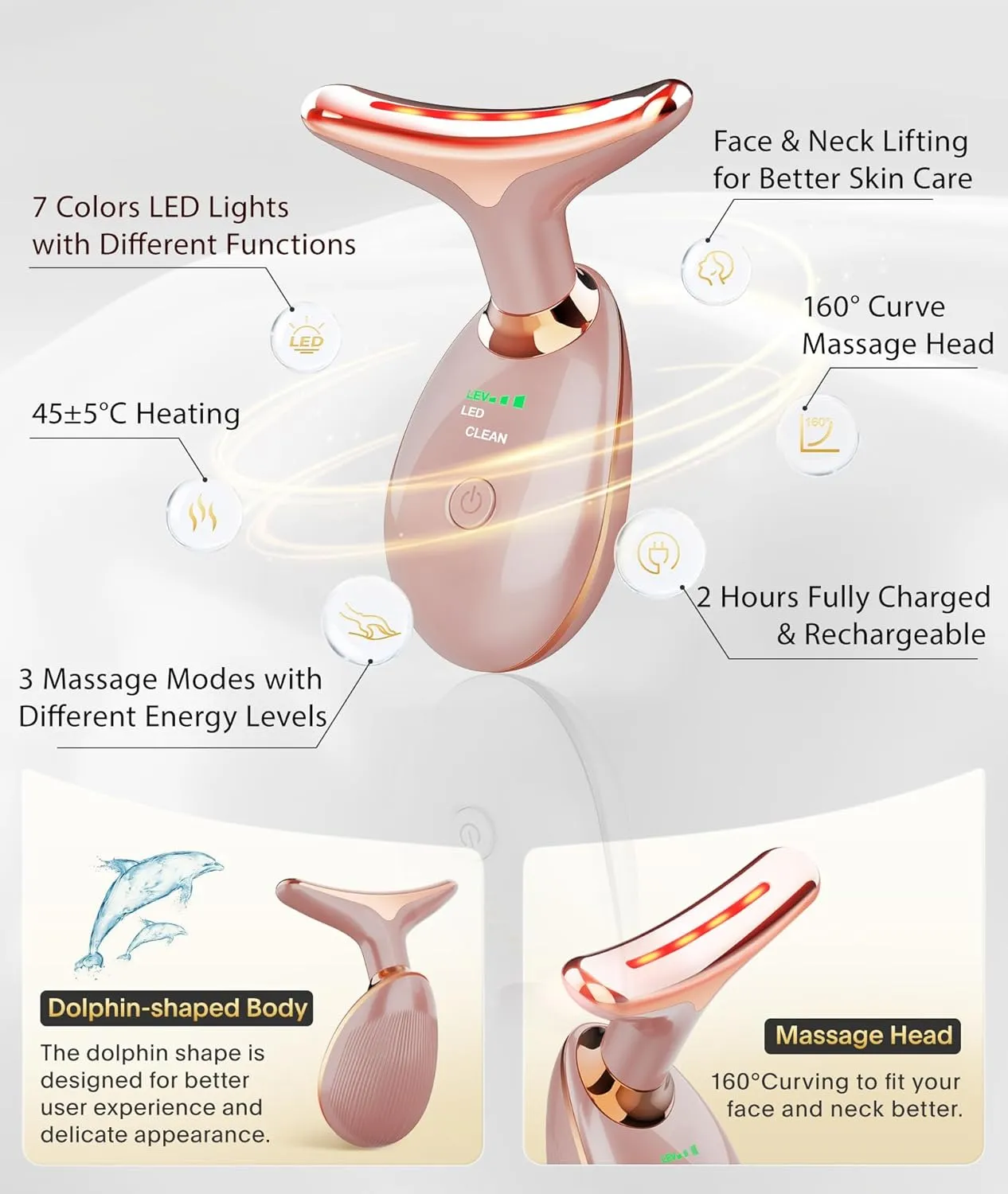 Light Based Face-Neck-Massager - 7 Color Portable Facial Massager for Skin Care, Rose Gold