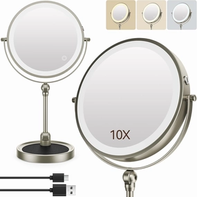 Lighted Makeup Mirror with Magnification,Rechargeable Double Sided 10x Magnifying Mirror with Light 3 Colors Tabletop Vanity Mirror with Adjustable Height,Makeup Mirror with Lights and Magnification