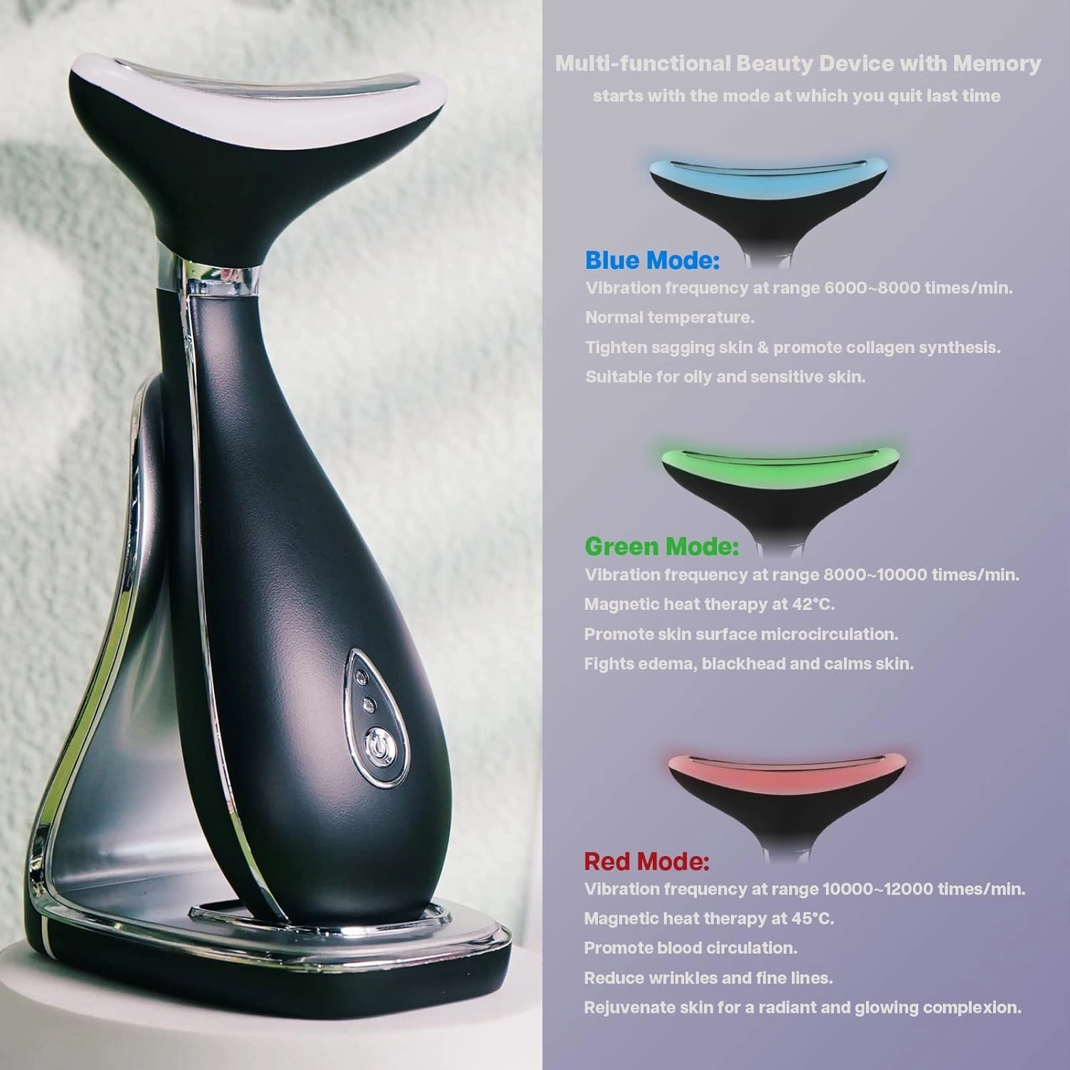 Lily Neck Face Massager, Skin Rejuvenation Beauty Massager, 3-in-1 at-Home Facial Spa Tool, Lifting, Toning and Tightening for a Radiant Appearance (Space Black)
