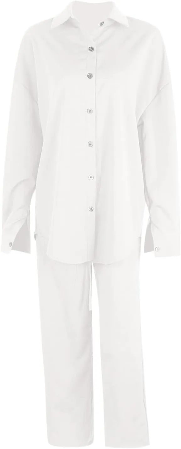 Linen Sets for Women 2 Piece Casual Tracksuit Short Sleeve Tops and Wide Leg Long Pants Matching Lounge Wear