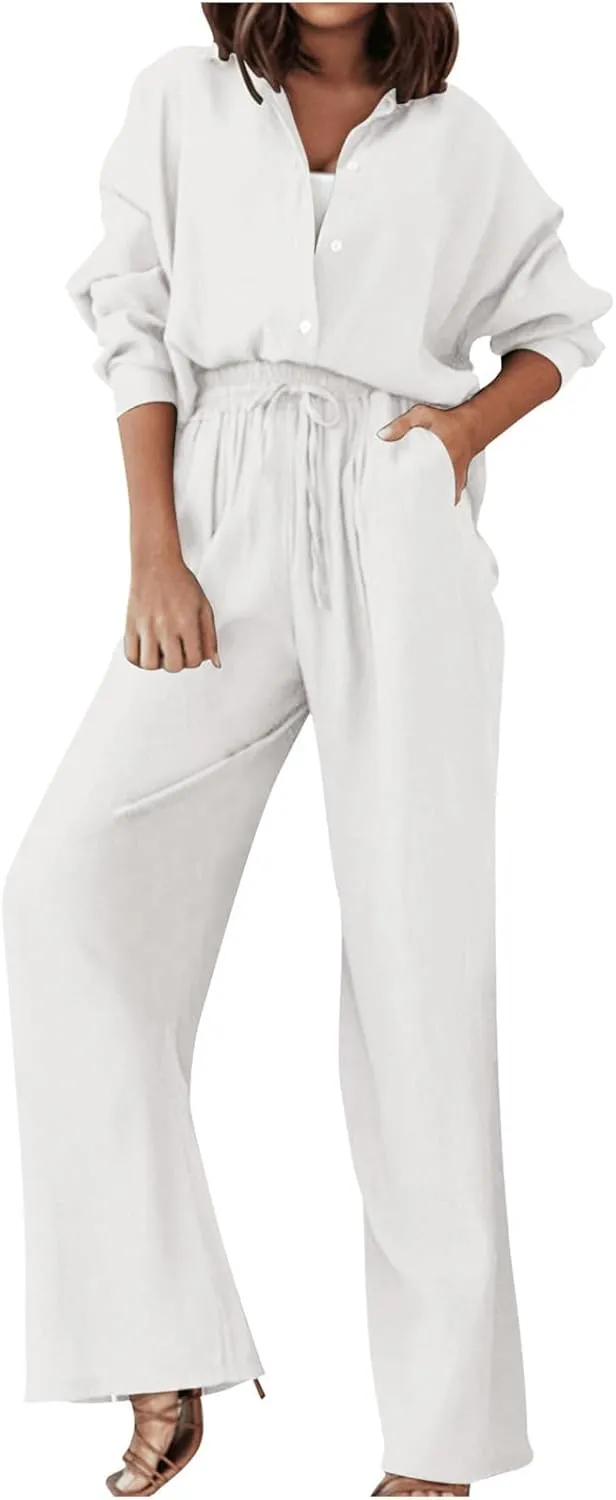 Linen Sets for Women 2 Piece Casual Tracksuit Short Sleeve Tops and Wide Leg Long Pants Matching Lounge Wear
