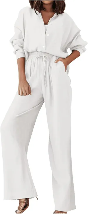 Linen Sets for Women 2 Piece Casual Tracksuit Short Sleeve Tops and Wide Leg Long Pants Matching Lounge Wear
