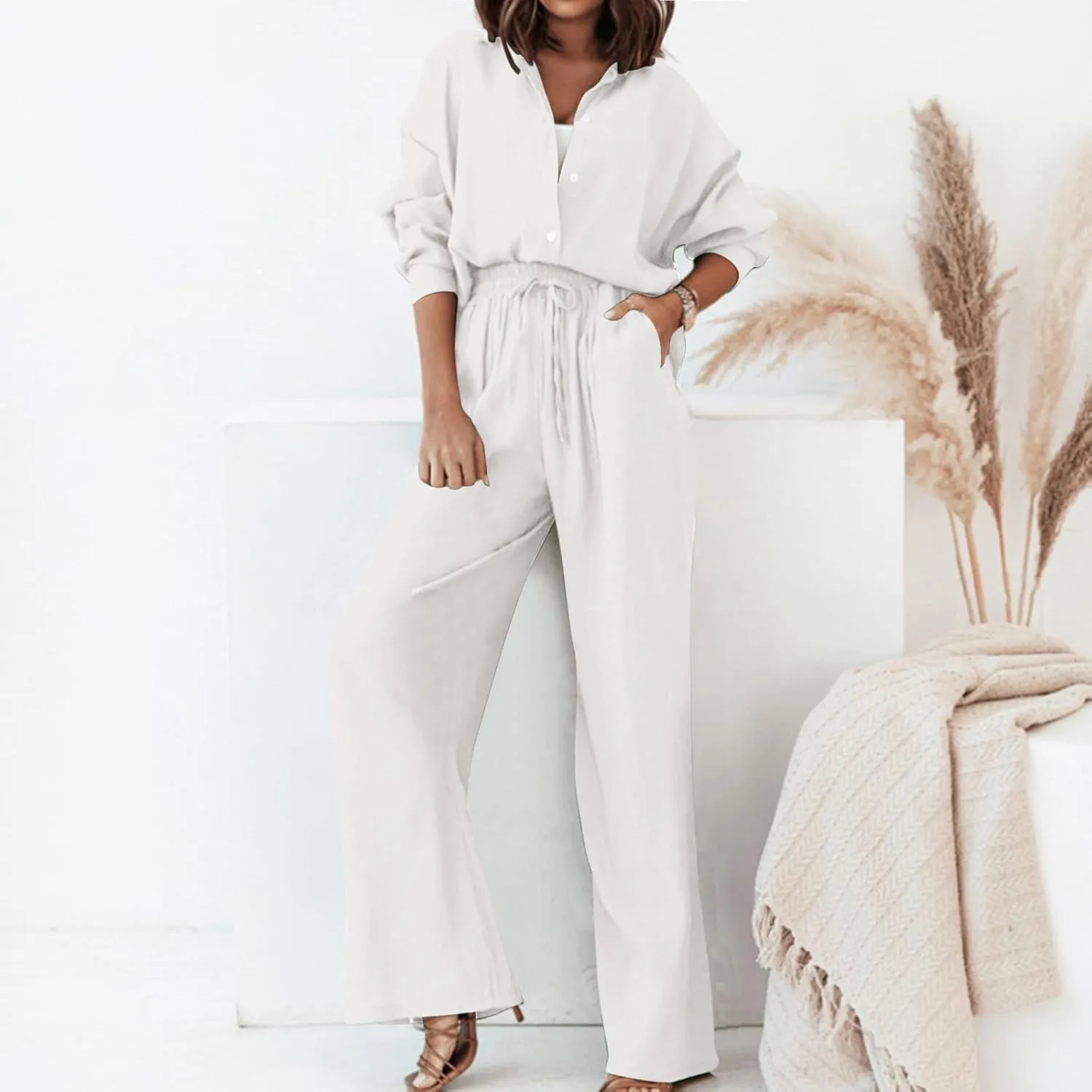Linen Sets for Women 2 Piece Casual Tracksuit Short Sleeve Tops and Wide Leg Long Pants Matching Lounge Wear