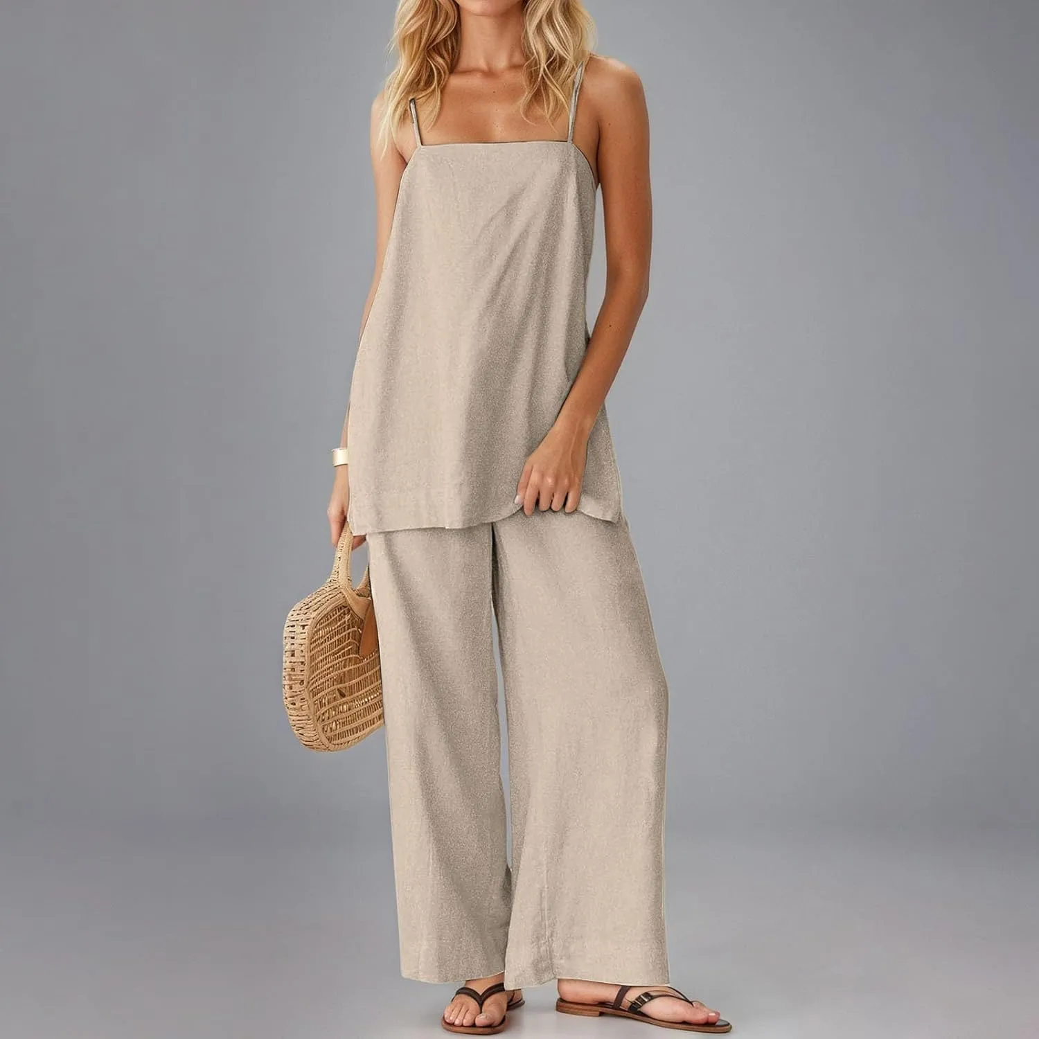 Linen Sets For Women 2 Piece Pants Summer Outfits Matching Lounge Sets Spaghetti Strap Tank Top Pants Sets 2025