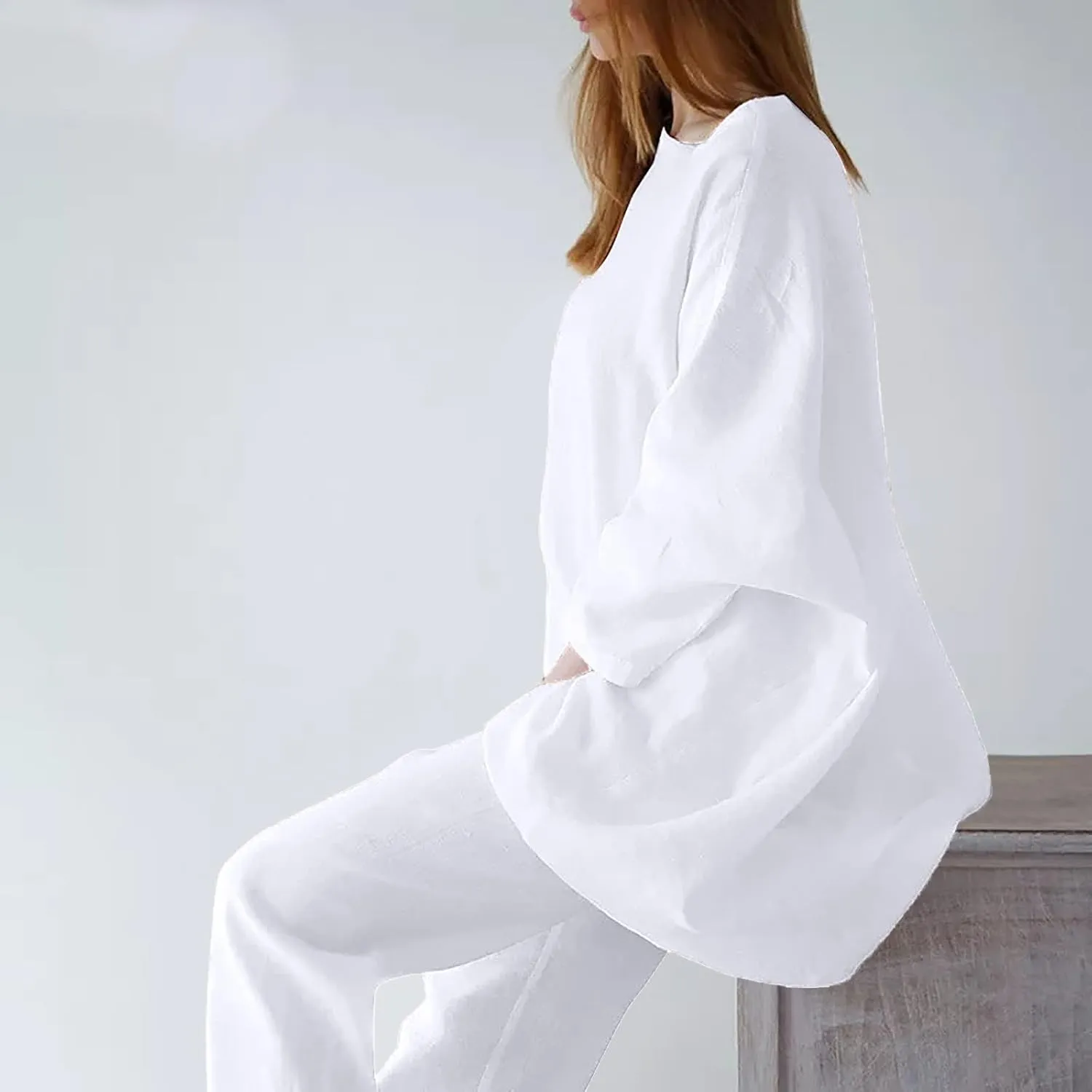 Linen Sets for Women 2 Piece Summer Tracksuit Sets Short Sleeve Tops Long Pants Jogger Lounge Set with Pockets