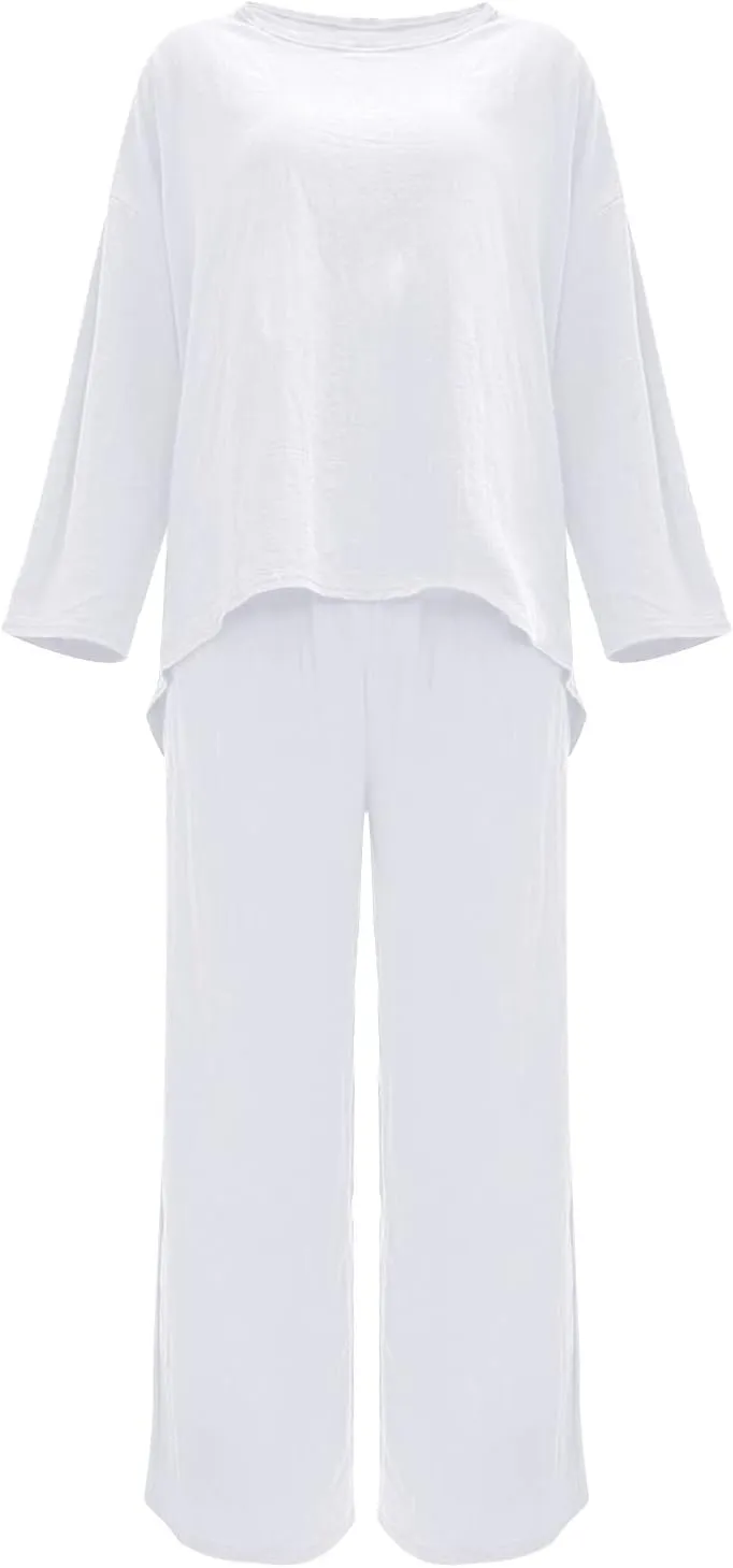 Linen Sets for Women 2 Piece Summer Tracksuit Sets Short Sleeve Tops Long Pants Jogger Lounge Set with Pockets