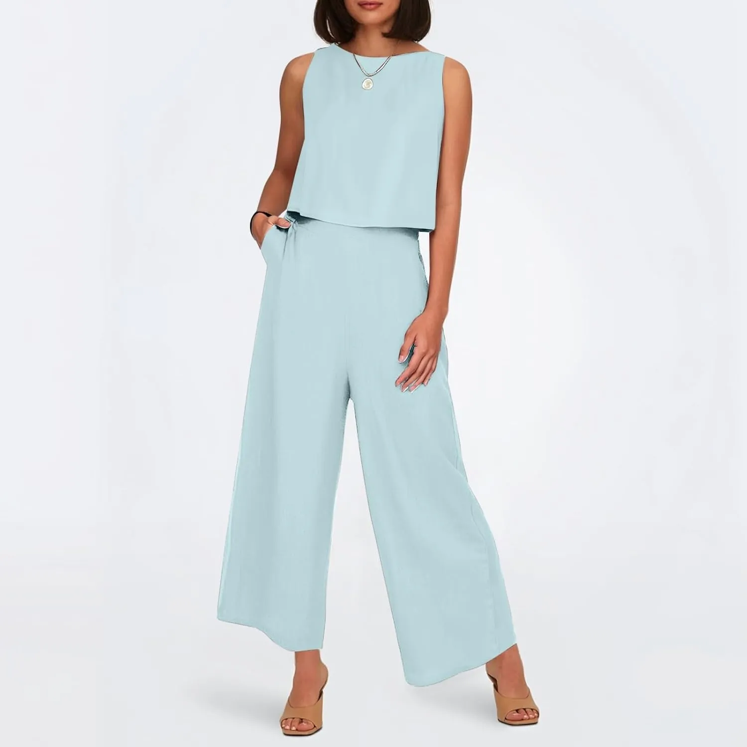 Linen Two Piece Sets for Women 2025 Summer Casual Loose Top Wide Leg Pants Matching Tracksuit Sweatsuit Sets