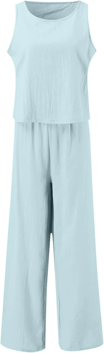Linen Two Piece Sets for Women 2025 Summer Casual Loose Top Wide Leg Pants Matching Tracksuit Sweatsuit Sets