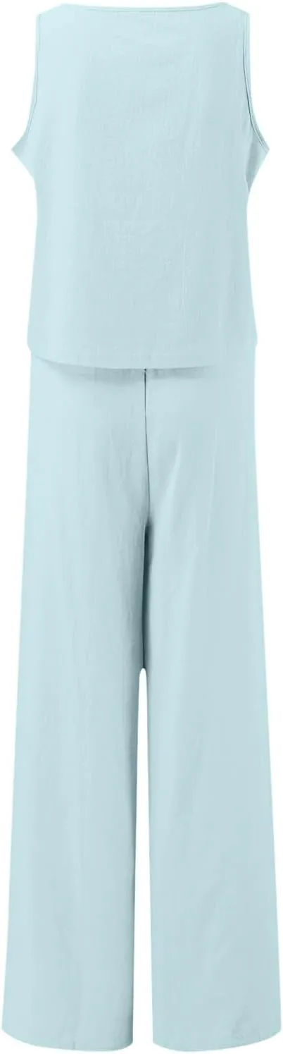 Linen Two Piece Sets for Women 2025 Summer Casual Loose Top Wide Leg Pants Matching Tracksuit Sweatsuit Sets