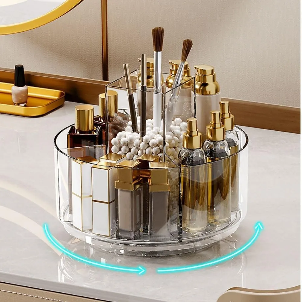 LINFIDITE 360 Rotating Makeup Organizer Clear Cosmetic Storage Holder Tray with 6 Compartment Makeup Brush Lip Gloss Organizer Case for Bathroom Cabinet Vanity Desktop
