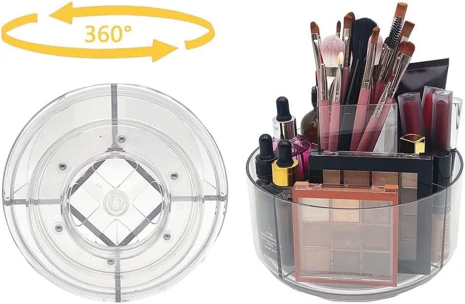 LINFIDITE 360 Rotating Makeup Organizer Clear Cosmetic Storage Holder Tray with 6 Compartment Makeup Brush Lip Gloss Organizer Case for Bathroom Cabinet Vanity Desktop