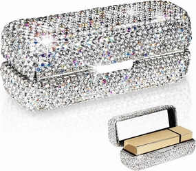 Lipstick Case Holder with Mirror,Crystal Lipstick Case Storage Organizer Box Cosmetic Storage Kit Makeup Travel Cases (White)