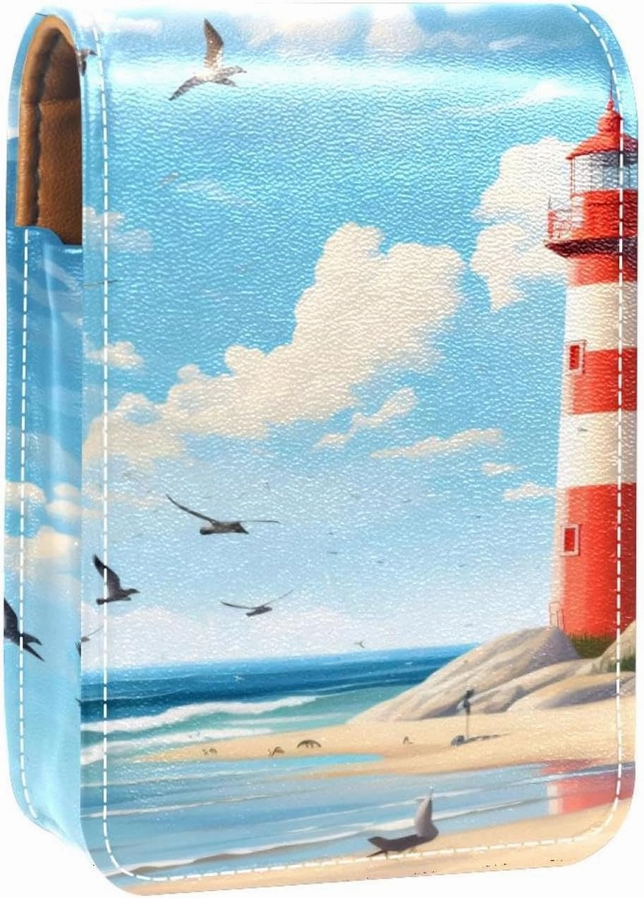 Lipstick Case,Leather Lip Gloss Lipstick Organizer with Mirror,Mini Lipstick Holder Bag,Beach Lighthouse Bird Seagull