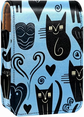Lipstick Case,Leather Lip Gloss Lipstick Organizer with Mirror,Mini Lipstick Holder Bag,Black Cat and Heart