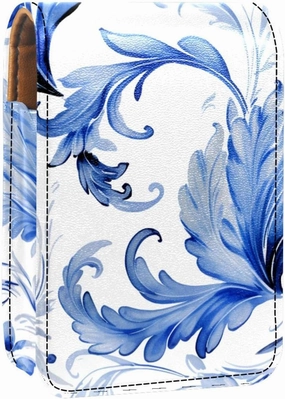 Lipstick Case,Leather Lip Gloss Lipstick Organizer with Mirror,Mini Lipstick Holder Bag,Blue Floral Leaves