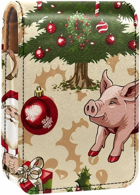 Lipstick Case,Leather Lip Gloss Lipstick Organizer with Mirror,Mini Lipstick Holder Bag,Christmas Santa Claus and Pig