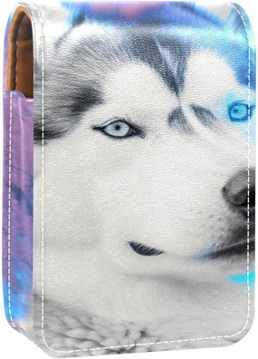 Lipstick Case,Leather Lip Gloss Lipstick Organizer with Mirror,Mini Lipstick Holder Bag,Dog Animal Wolf
