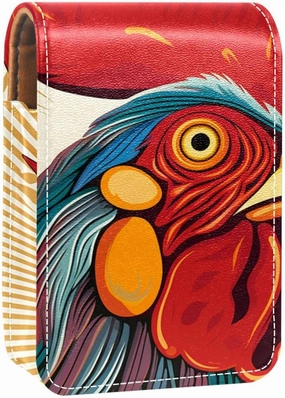 Lipstick Case,Leather Lip Gloss Lipstick Organizer with Mirror,Mini Lipstick Holder Bag,Farm Animal Rooster Painting