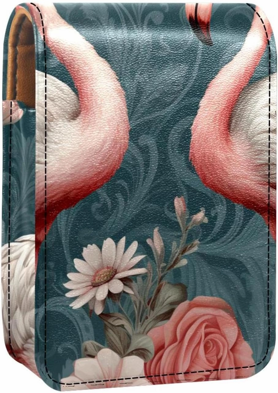Lipstick Case,Leather Lip Gloss Lipstick Organizer with Mirror,Mini Lipstick Holder Bag,Flamingo and Tropical Plants
