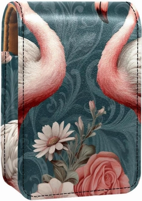 Lipstick Case,Leather Lip Gloss Lipstick Organizer with Mirror,Mini Lipstick Holder Bag,Flamingo and Tropical Plants