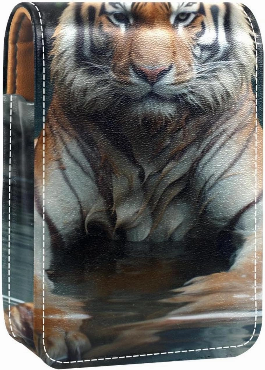 Lipstick Case,Leather Lip Gloss Lipstick Organizer with Mirror,Mini Lipstick Holder Bag,Wildlife Tiger