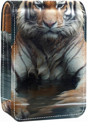 Lipstick Case,Leather Lip Gloss Lipstick Organizer with Mirror,Mini Lipstick Holder Bag,Wildlife Tiger