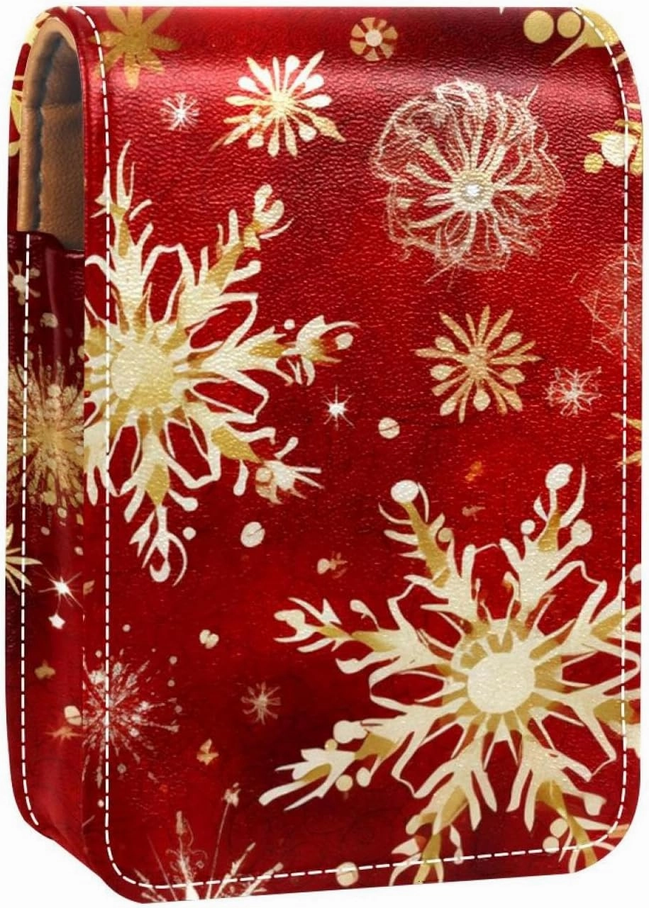 Lipstick Case,Portable Makeup Bag Cosmetic Pouch,Lipstick Holder Makeup Organizer,Christmas Gold White Snowflakes