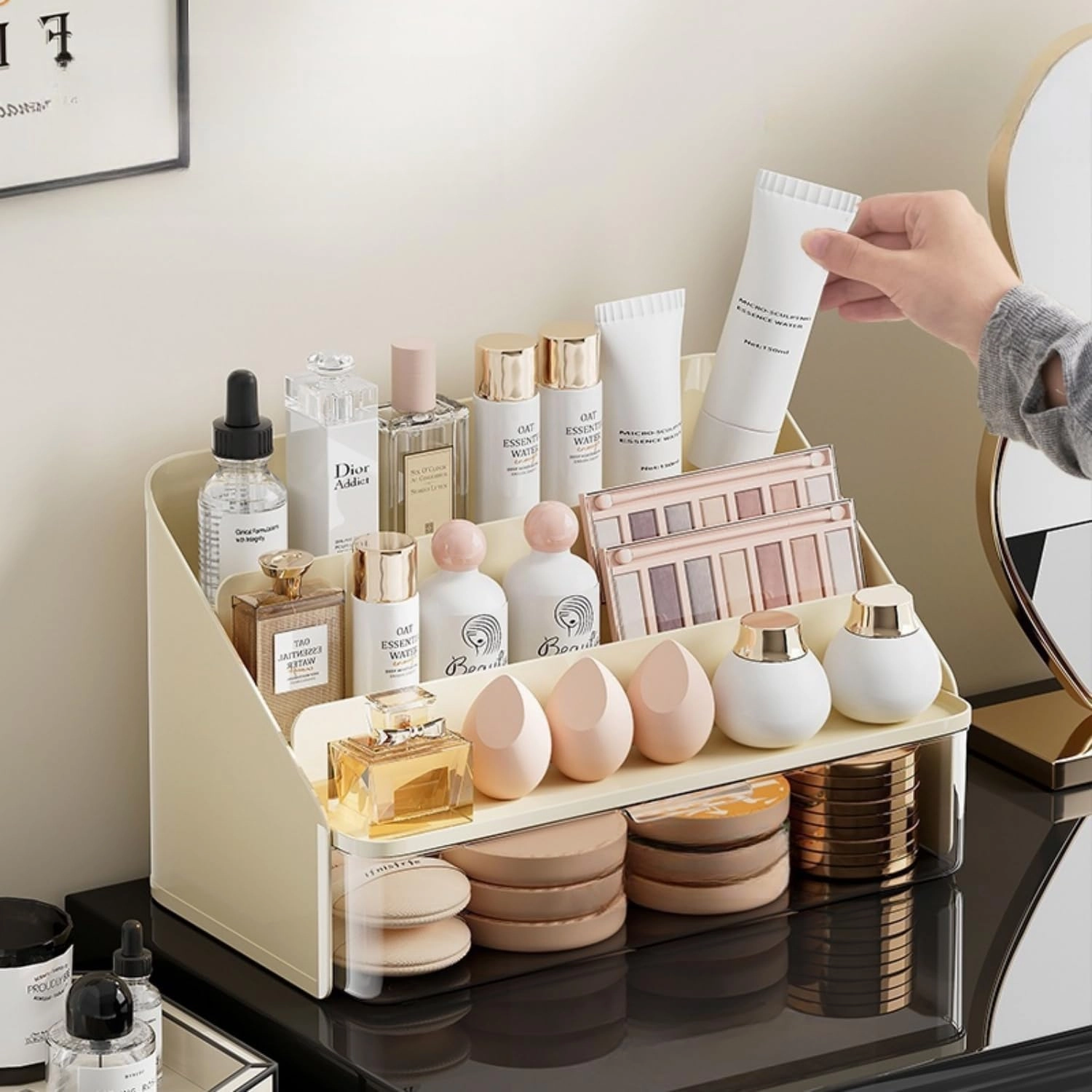 Lipsticks Holder,Lipgloss Organizer and Storage Display Case for Lip Gloss,Makeup Organizer with drawer,3 Rows spacious compartments & 1 extra drawers Makeup Holder & Cosmetics Display(Cream)