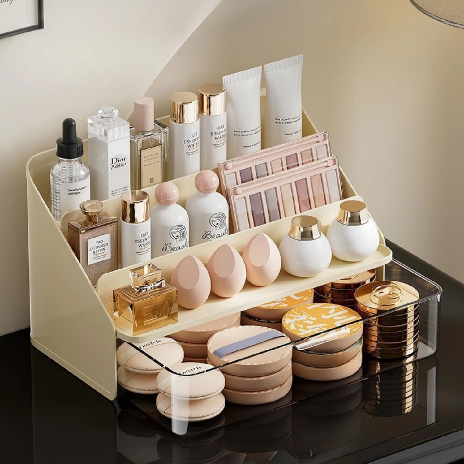 Lipsticks Holder,Lipgloss Organizer and Storage Display Case for Lip Gloss,Makeup Organizer with drawer,3 Rows spacious compartments & 1 extra drawers Makeup Holder & Cosmetics Display(Cream)