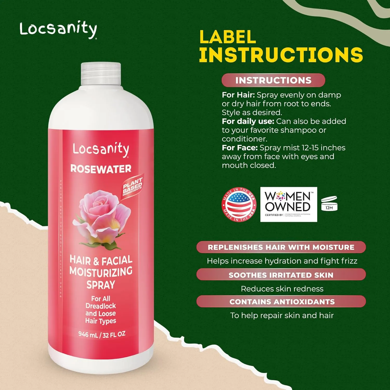Locsanity Pure Rosewater Hair and Facial Spray – Jumbo Size Hydrating Face Mist to Soothe, Refresh, and Rejuvenate Skin, Reduce Oil and Buildup (32oz)