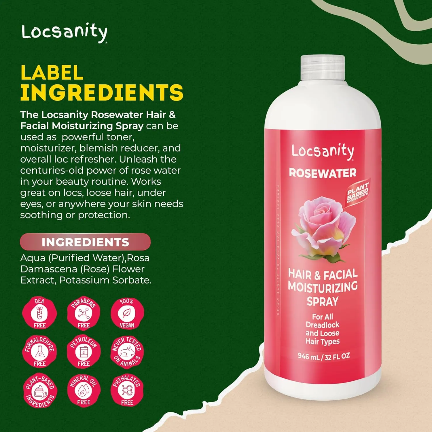 Locsanity Pure Rosewater Hair and Facial Spray – Jumbo Size Hydrating Face Mist to Soothe, Refresh, and Rejuvenate Skin, Reduce Oil and Buildup (32oz)