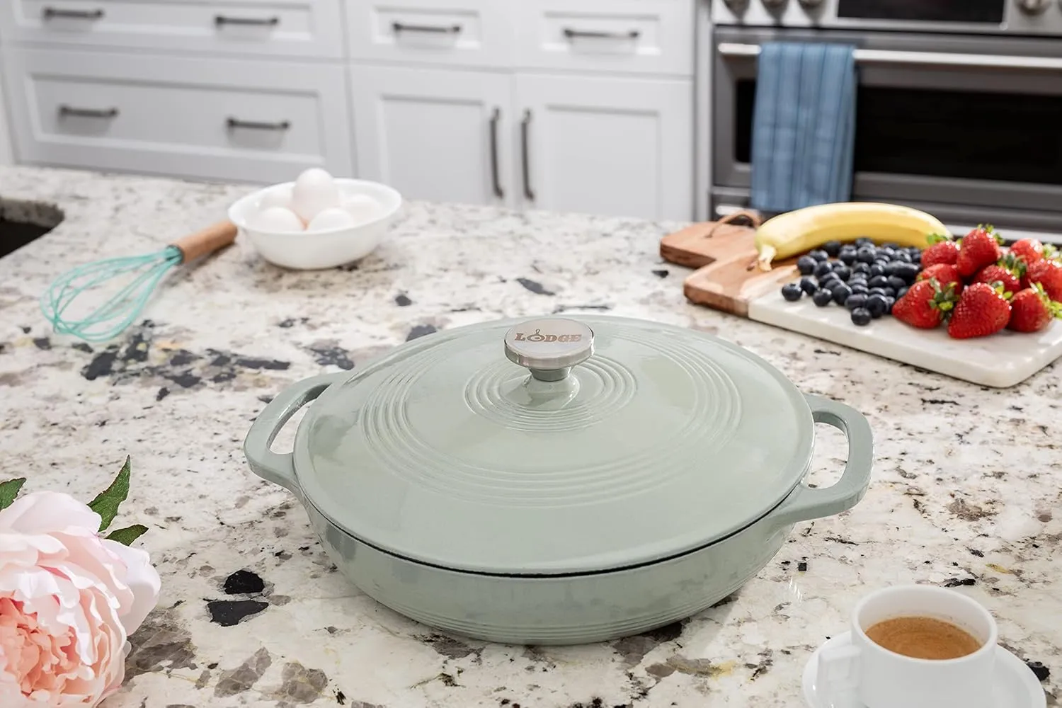 Lodge 3.6 Quart Enameled Cast Iron Covered Casserole with Lid – Dual Handles – Oven Safe up to 500° F or on Stovetop - Use to Marinate, Cook, Bake, Refrigerate and Serve – Desert Sage