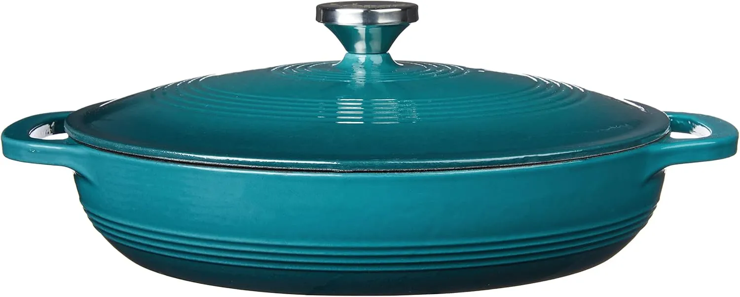 Lodge 3.6 Quart Enameled Cast Iron Covered Casserole with Lid – Dual Handles – Oven Safe up to 500° F or on Stovetop - Use to Marinate, Cook, Bake, Refrigerate and Serve – Lagoon