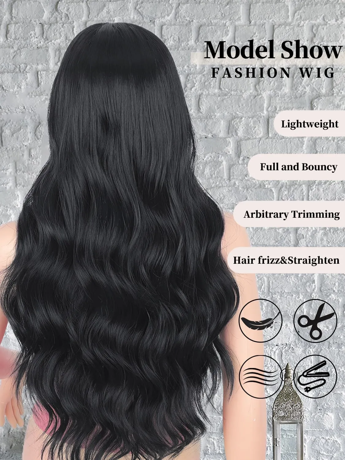 Long Black Wigs for Women, Black Curly Wavy Wig, 26 Inch Natural Looking Women's Charming Synthetic Middle Part Heat Resistant Fiber Wig for Daily Party Use